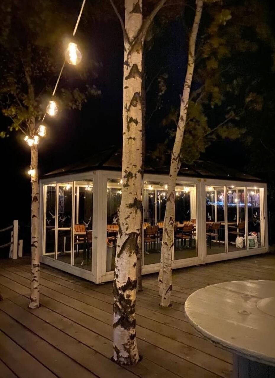 Lasipaviljonki valaistuna yöllä, koivut ja valosarja kannella